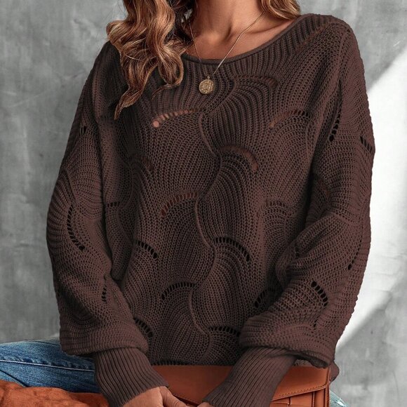 Brown Casual Womens Lantern Sleeve Pointelle Knit Pullover Sweater - Picture 7 of 7